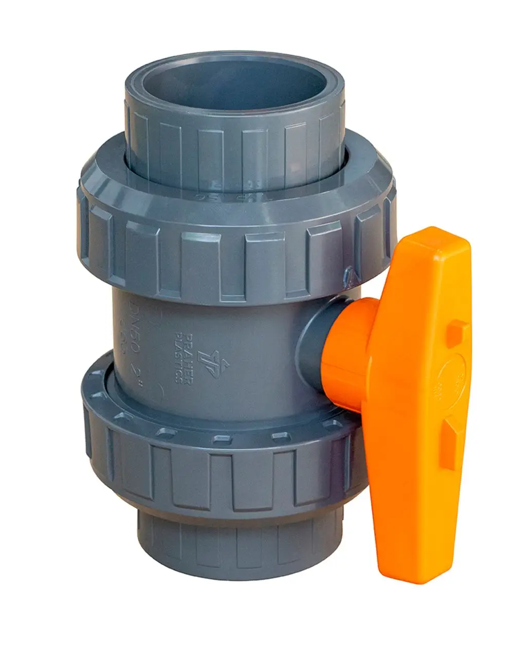 Grauer Kugelhahn mit Klebemuffen und orangefarbener Griffstelle zur Steuerung des Durchflusses. Produkt von Grünbeck, geeignet für verschiedene Rohrsysteme.